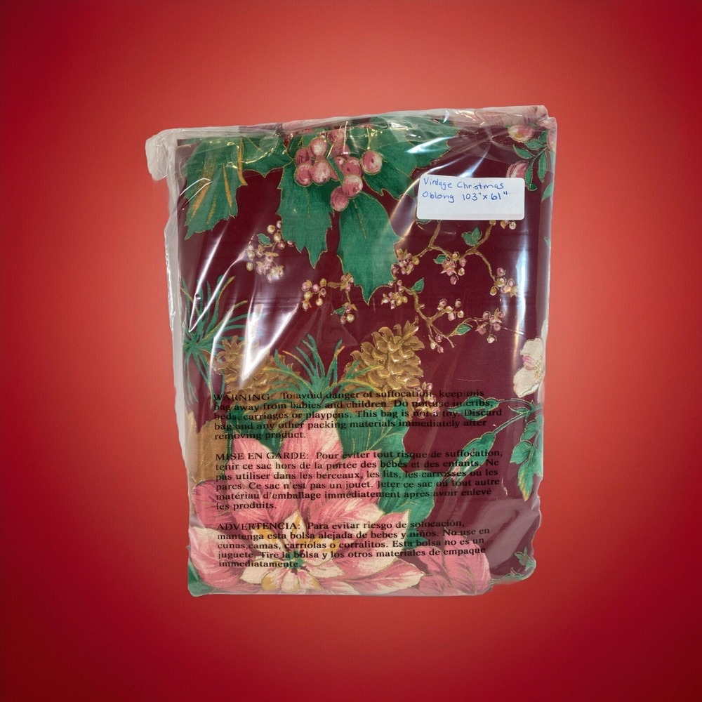 Vintage Christmas Tablecloth Poinsettias Pinecones Holly Holiday 103x61 Oblong